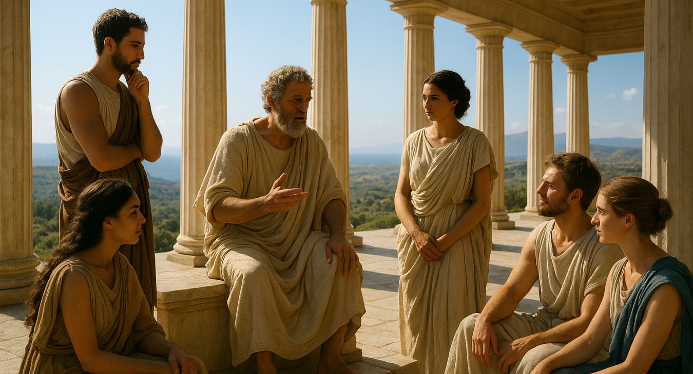 A photorealistic landscape of a diverse group of men and women in ancient Greek clothing having a deep philosophical discussion in a sun-drenched marble colonnade overlooking the Mediterranean Sea.