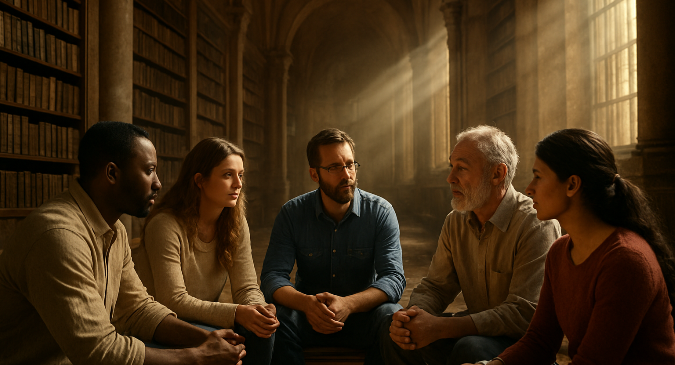 A diverse group of men and women engaged in deep, contemplative discussion while sitting together in a serene, sun-drenched ancient library filled with towering bookshelves and glowing light rays.