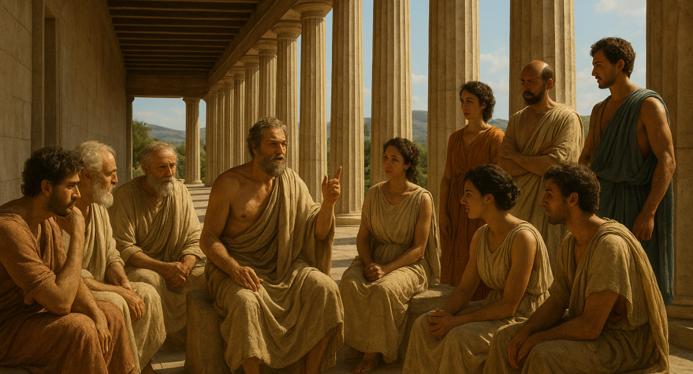A wide photorealistic landscape of an ancient Greek stoa where a diverse group of men and women in classical attire engage in an intense philosophical debate under the warm Mediterranean sun.