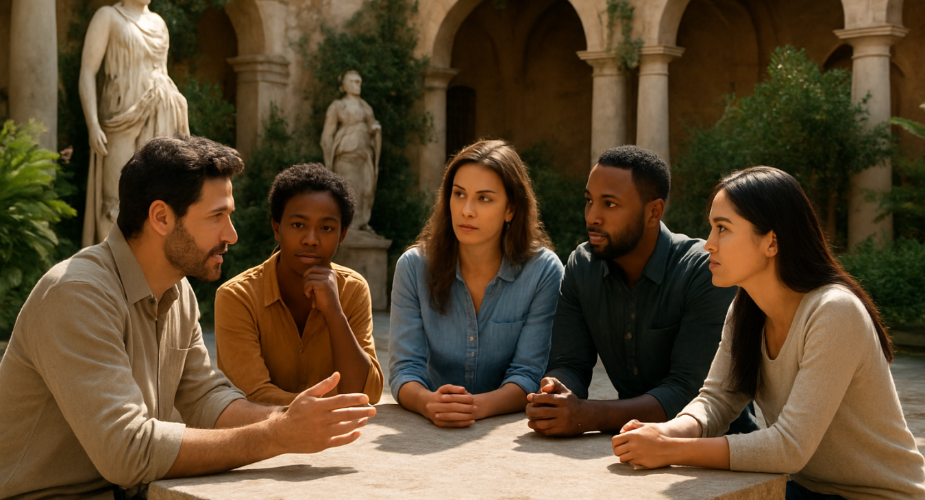 A high-quality photorealistic landscape of a diverse group of men and women engaged in an intense, thoughtful discussion around a stone table in an ancient, sun-drenched Mediterranean courtyard filled with classical sculptures and lush greenery.