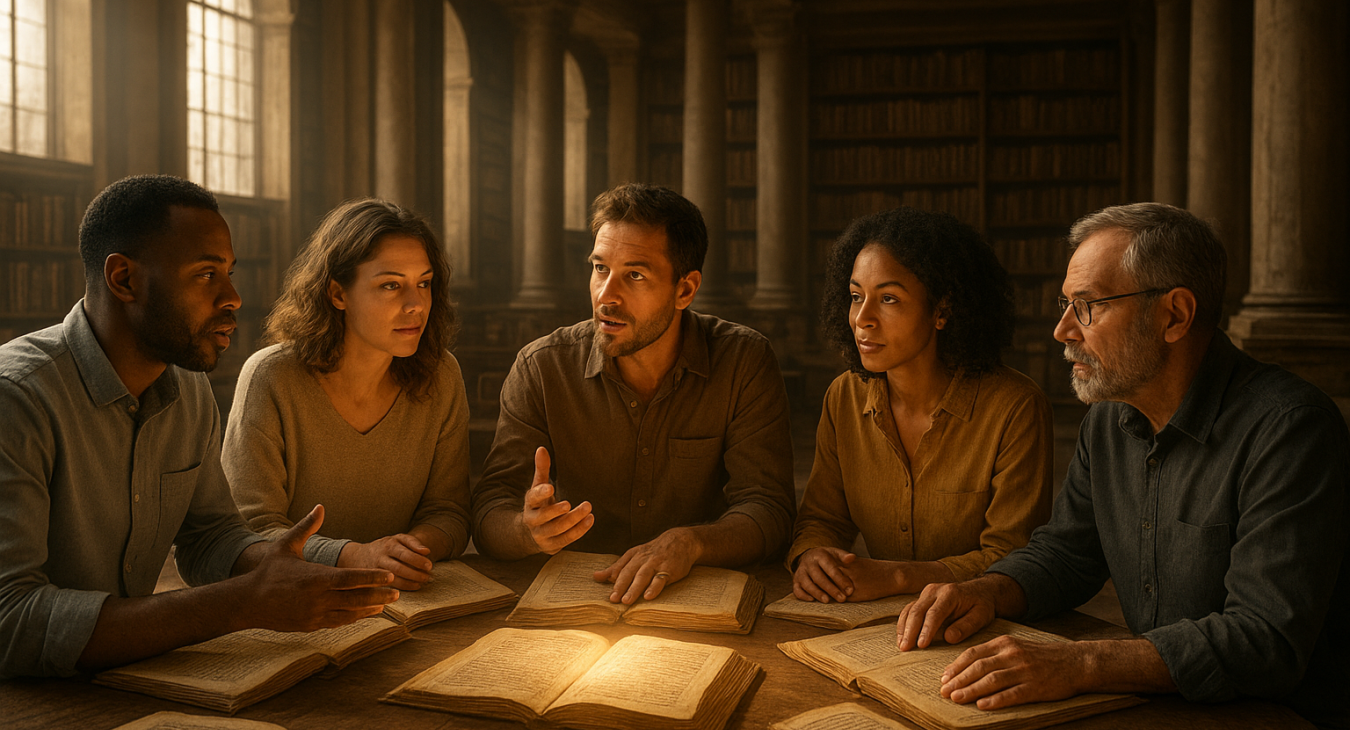 A photorealistic landscape of a diverse group of people in animated conversation around a wooden table covered in ancient manuscripts and glowing light, set inside a vast, sunlit classical library.