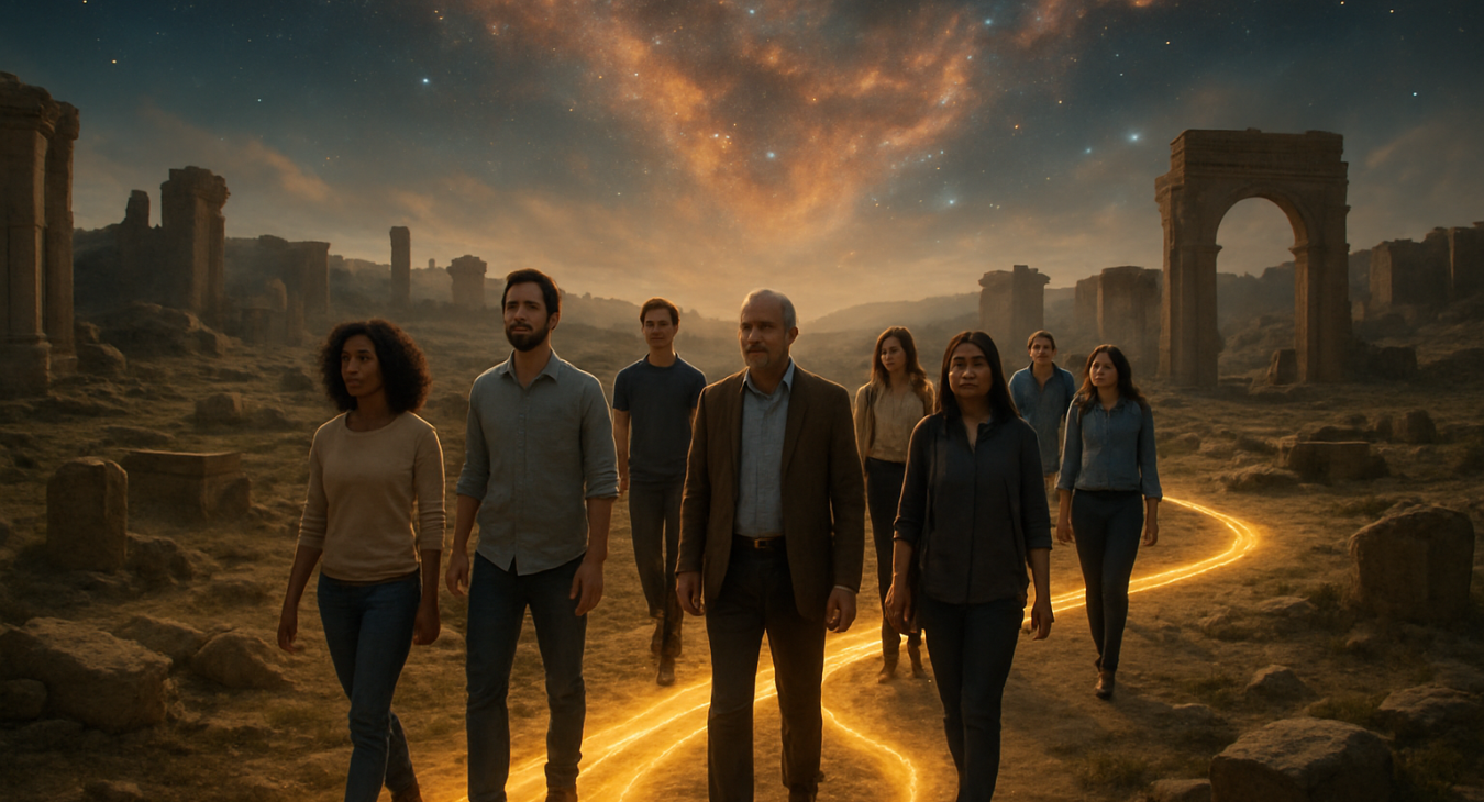 A photorealistic landscape of a diverse group of men and women walking along a glowing, winding golden path through ancient ruins and celestial nebulae.
