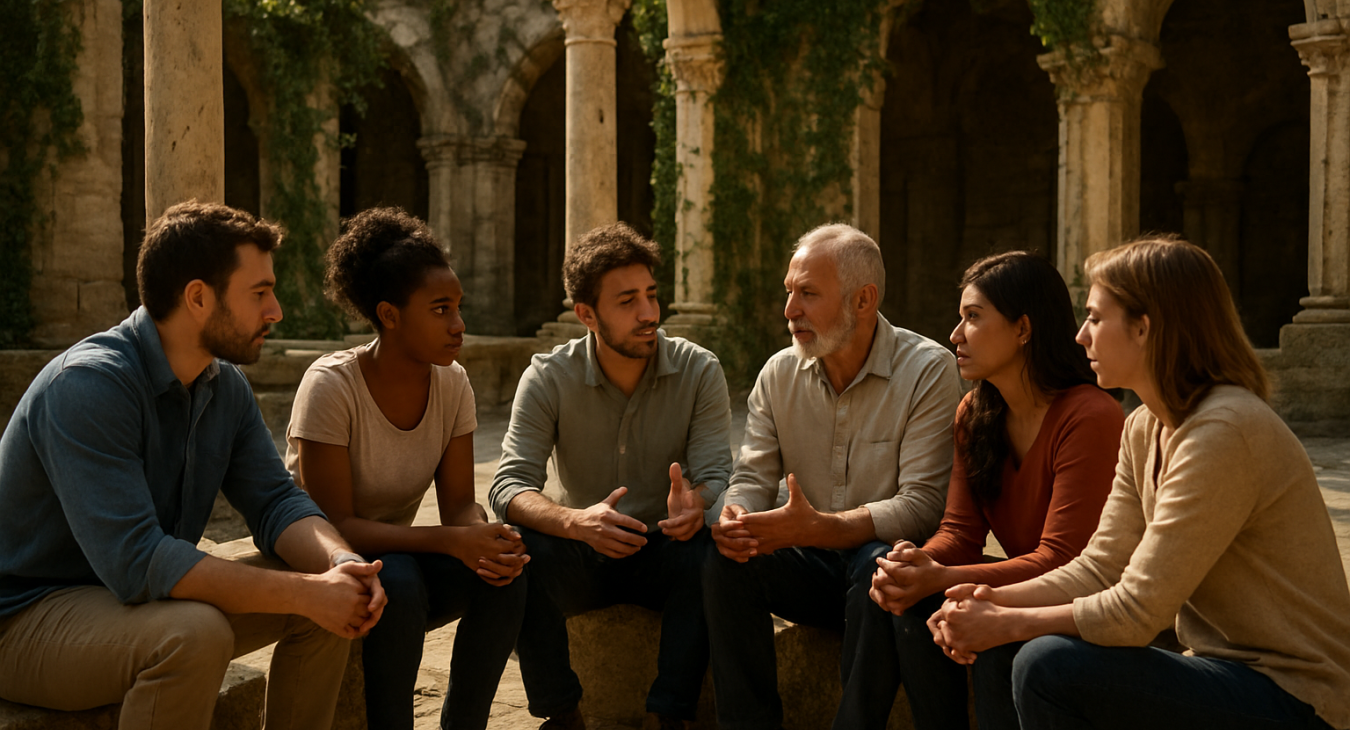 A wide landscape shot of a diverse group of men and women engaged in deep discussion while sitting in a sunlit, ancient stone courtyard with weathered marble pillars and sprawling ivy.