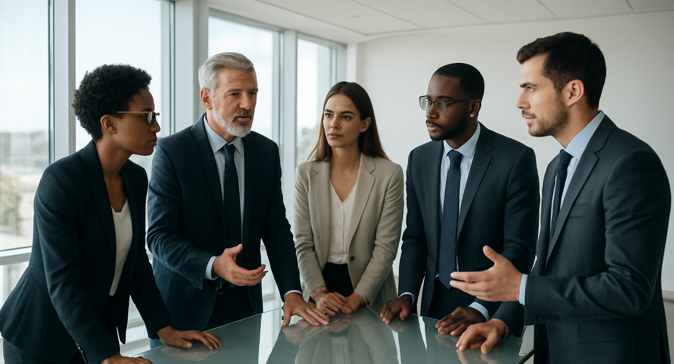 A high-quality photorealistic shot of a diverse group of professionals in modern attire engaged in deep discussion around a large glass table in a bright, minimalist contemporary office.