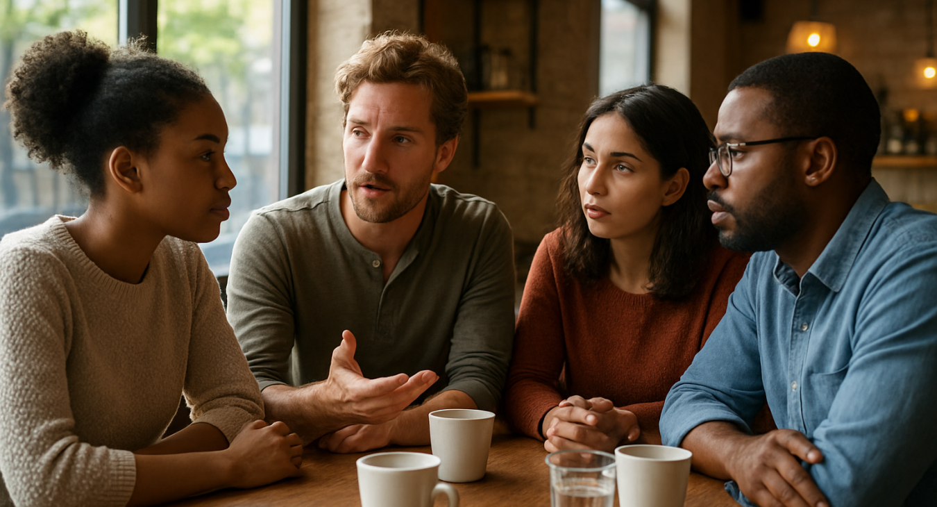 A diverse group of men and women sitting together in a sunlit, modern café, engaged in a warm and intense discussion.