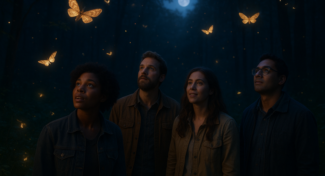A diverse group of men and women observing a magical nocturnal forest at twilight, filled with glowing moths and night-active creatures fluttering through the moonlit trees.