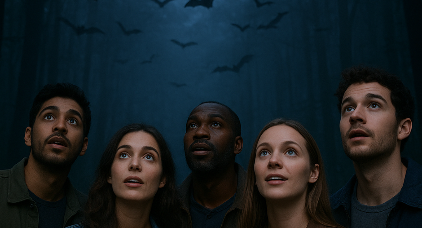 A diverse group of men and women standing in a twilight forest, looking up at a colony of bats flying through the silhouetted canopy with expressions of wonder.