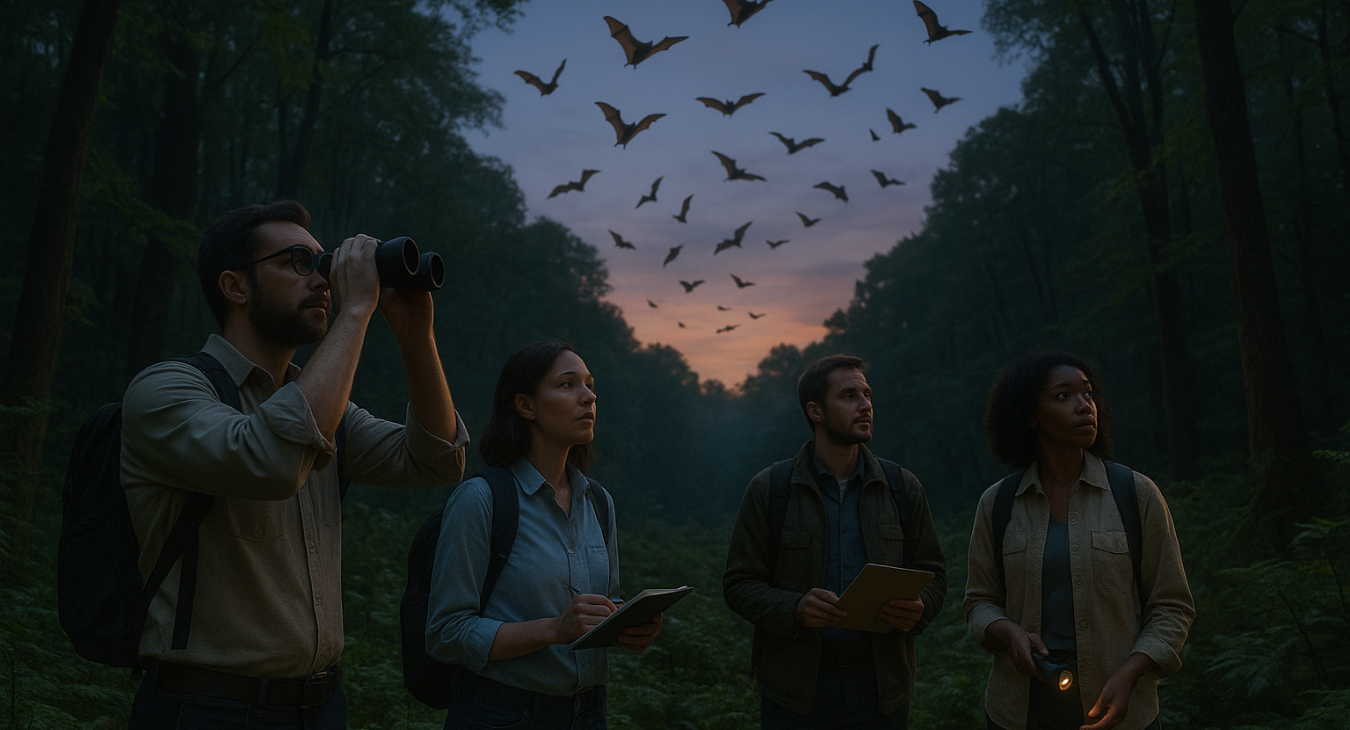 A photorealistic landscape at twilight showing a group of male and female scientists observing bats flying through a lush forest ecosystem.