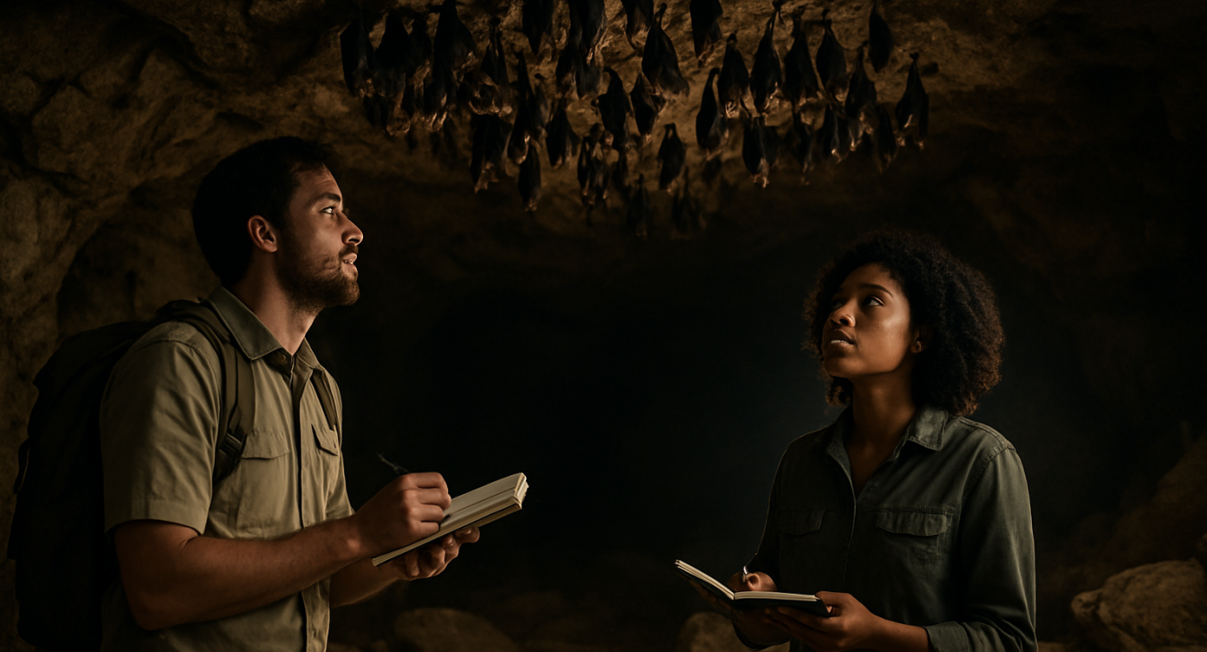 A cinematic, wide-angle shot of a diverse man and woman studying a colony of bats hanging from a cave ceiling under dramatic lighting.
