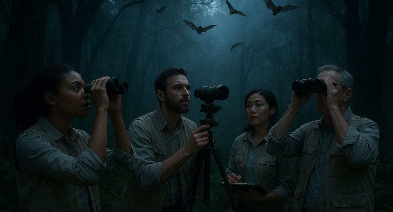 A group of diverse scientists in a lush forest at twilight, using binoculars and specialized equipment to observe bats flying through the canopy under soft, cinematic moonlight.