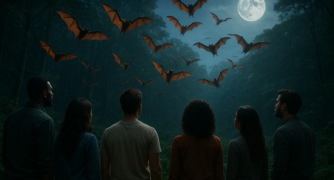 A photorealistic wide-angle shot of a diverse group of people standing in a lush forest under moonlight, watching a swirling colony of beautiful fruit bats flying through the air.