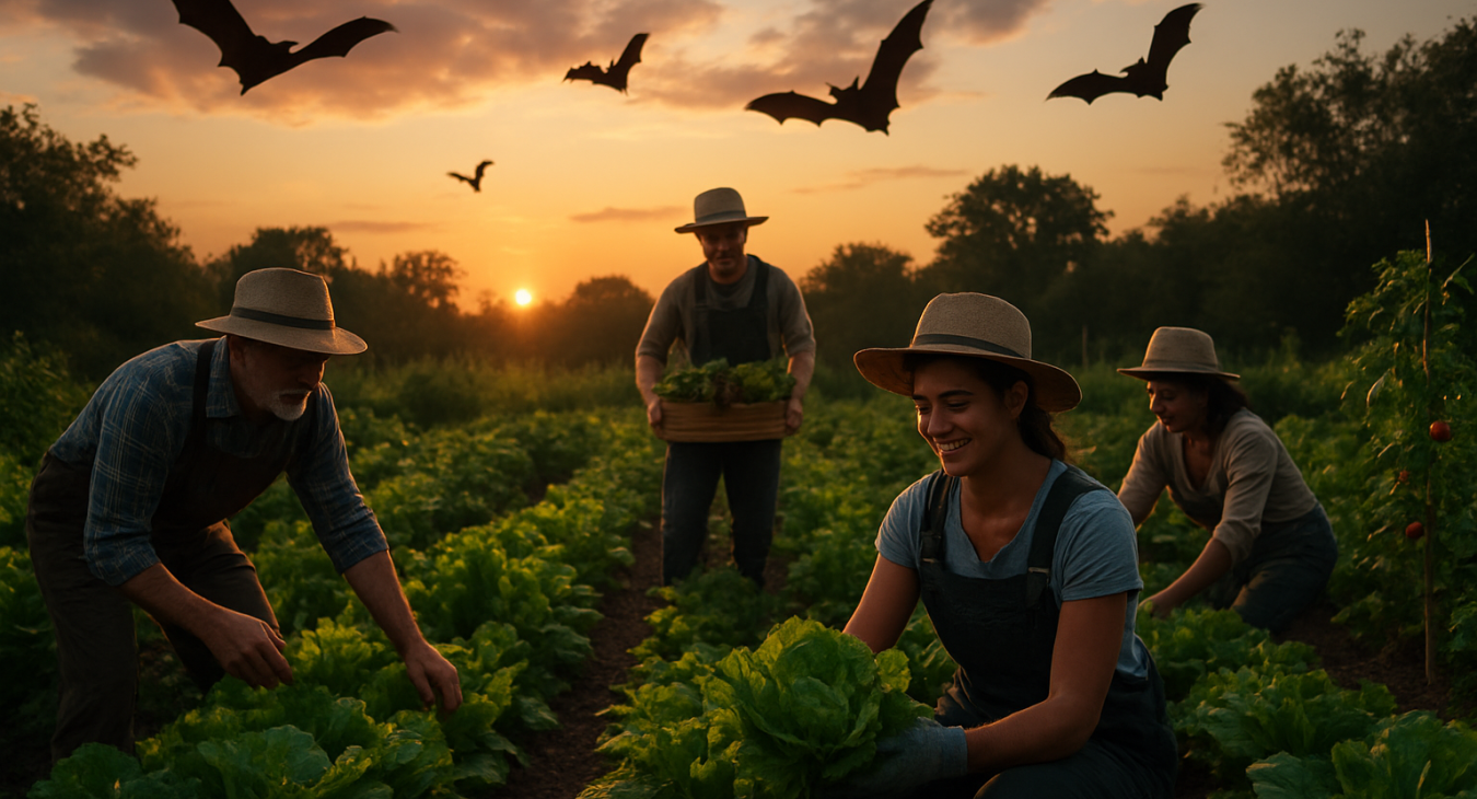 A group of diverse organic farmers working in a lush, sun-drenched garden at twilight, with fruit bats flying in the dusk sky above the crops.