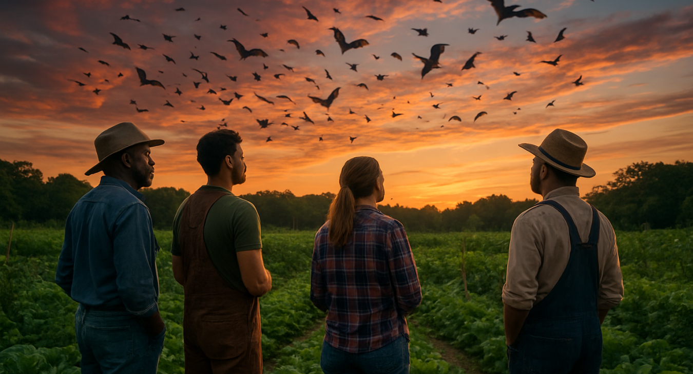 A diverse group of male and female farmers standing in a lush, sustainable organic farm at twilight, watching a swarm of bats fly over crops under a dramatic sunset sky.