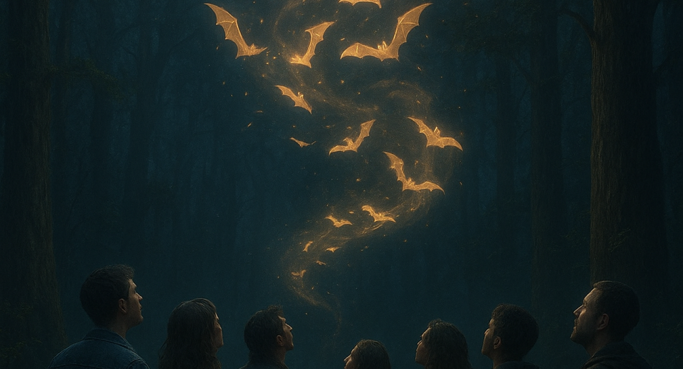 A high-quality photorealistic landscape of a mystical nocturnal forest under a bright full moon, where a diverse group of people look up in awe at a swirling cloud of friendly, glowing bats dancing through ancient trees.