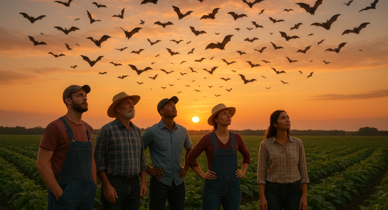 A photorealistic landscape at twilight showing a diverse group of male and female farmers in a lush field, looking up at a swarm of bats flying across a golden sunset sky, illustrating natural pest control.
