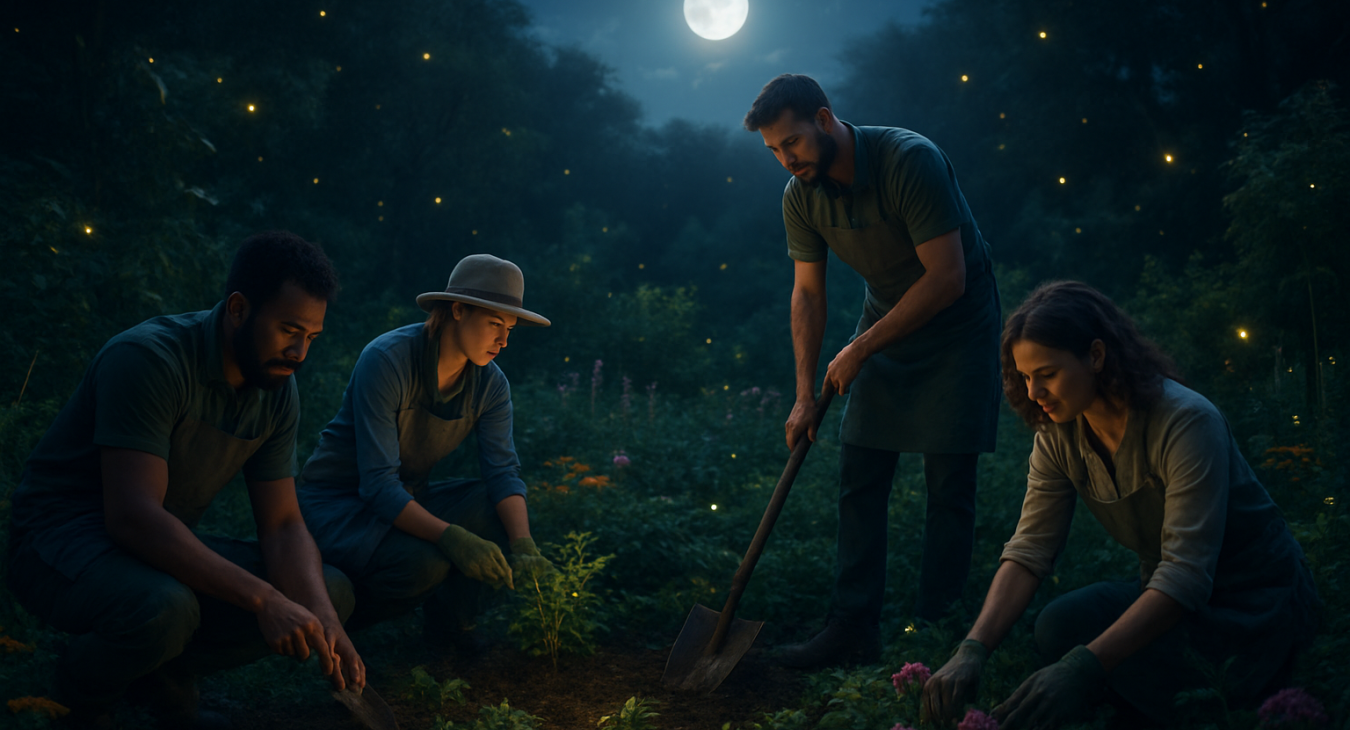 A diverse group of men and women gardening together in a lush, vibrant nocturnal garden illuminated by soft moonlight and fireflies.
