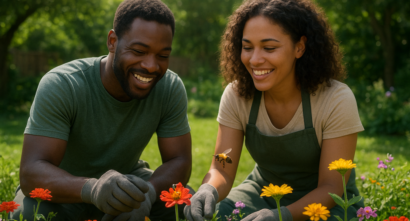 A diverse man and woman smiling and gardening together in a lush, sunlit backyard filled with vibrant flowers and beneficial insects like ladybugs and bees.