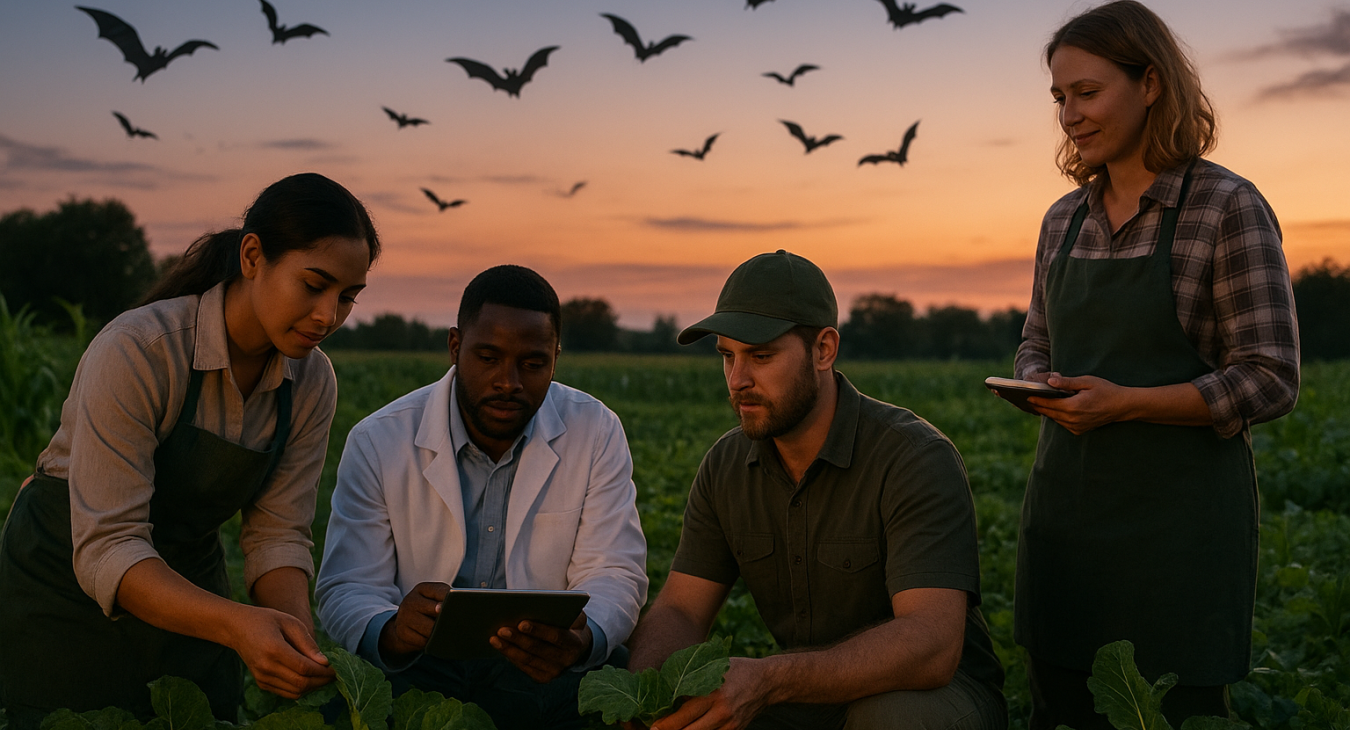 A photorealistic landscape of diverse male and female agricultural scientists and farmers working together in a lush, sustainable farmland at dusk, with bat silhouettes flying across a soft twilight sky.