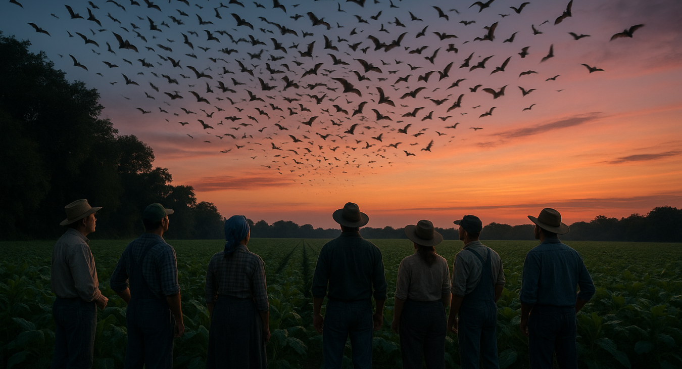 A cinematic, wide-angle landscape at twilight showing a diverse group of male and female farmers watching a swarm of bats emerge from trees over a lush agricultural field.