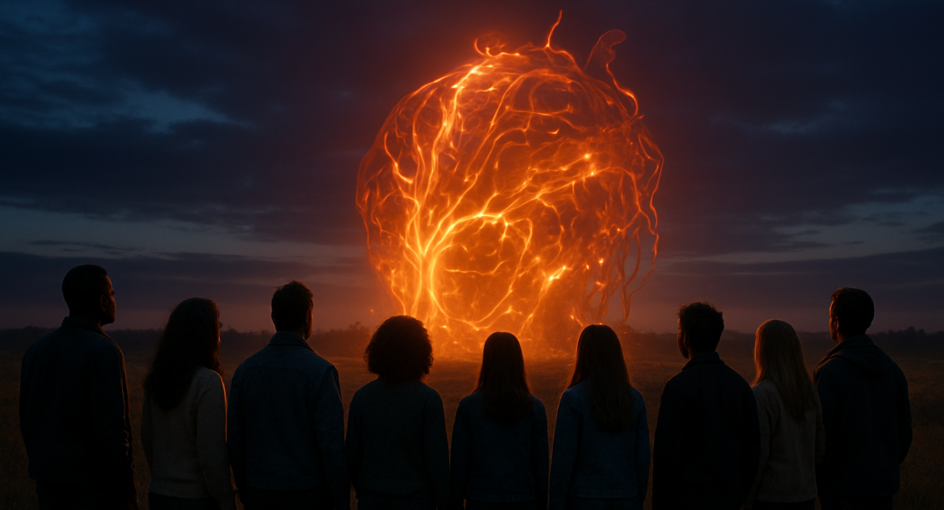 A high-quality photorealistic landscape at twilight where a diverse group of men and women stand in awe as a massive, glowing biological engine hums and illuminates the darkening horizon.