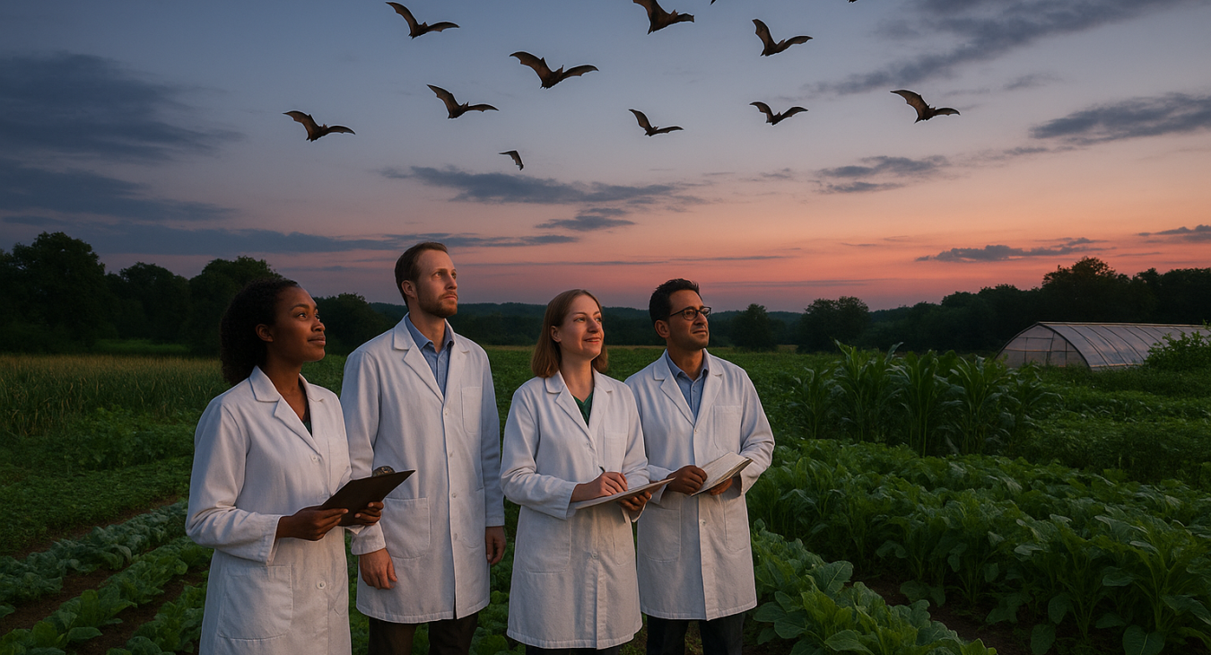 A diverse group of male and female agricultural scientists standing in a lush, sustainable farmland at twilight, observing bats flying through the dusk sky above organic crops.