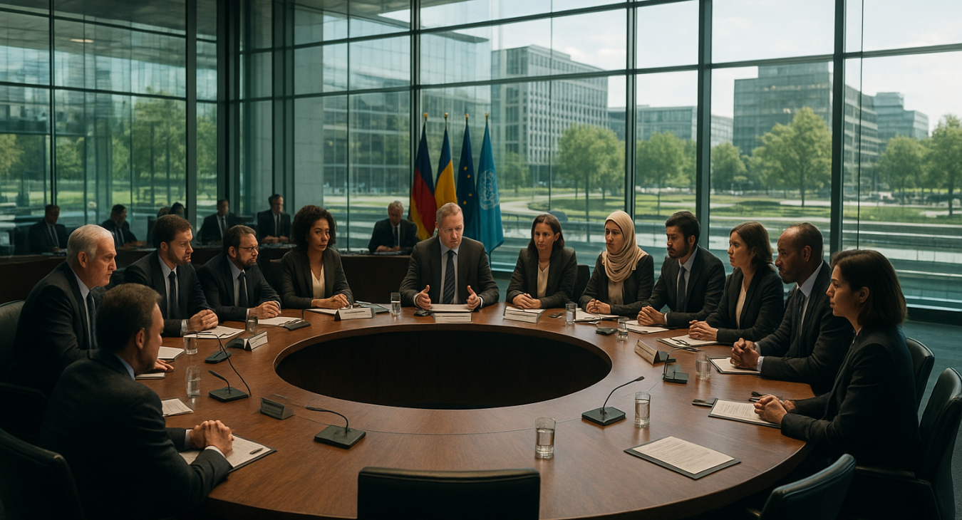 A wide-angle photorealistic shot of a diverse group of male and female leaders engaged in intense deliberation around a large circular table inside a modern, glass-walled assembly hall.