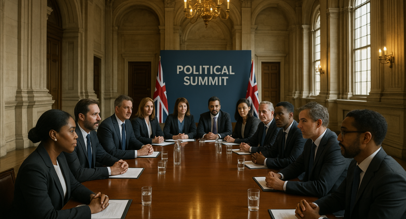 A diverse group of professionals in formal business attire engaged in strategic discussions at a modern political summit held in a grand British architectural setting.