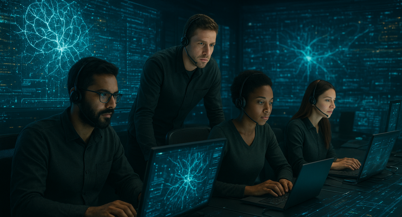 A diverse group of male and female digital warfare specialists working in a high-tech command center surrounded by holographic neural networks and glowing data streams.