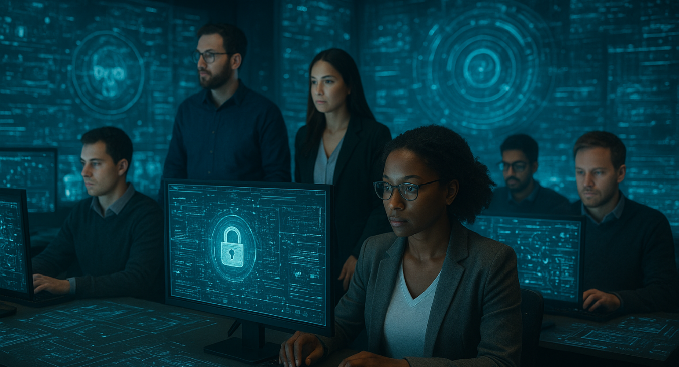 A diverse group of male and female cybersecurity professionals working in a high-tech command center with glowing holographic interfaces and complex data streams.