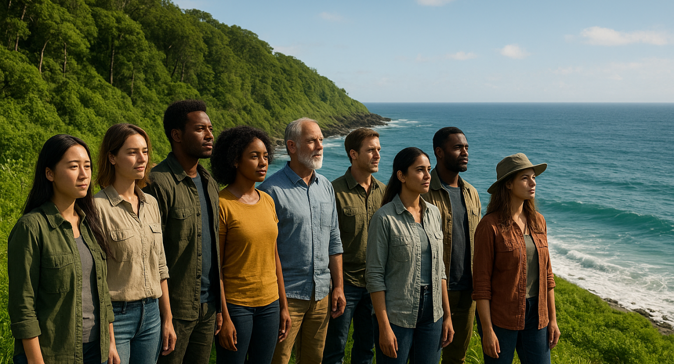 A diverse group of people standing on a lush coastline where a green forest meets a blue ocean, symbolizing climate resilience.