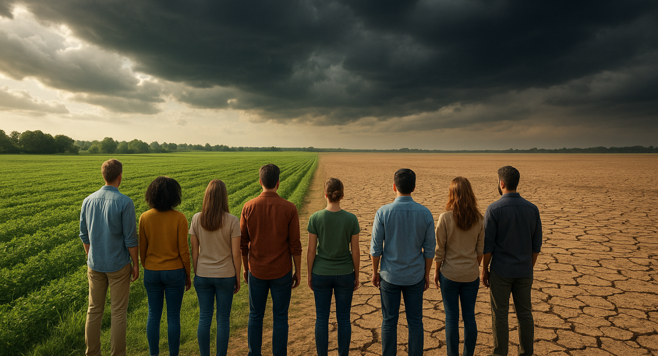A diverse group of men and women standing together in a vast landscape, overlooking a split view of a lush green farm and a parched, cracked earth field under a dramatic, stormy sky.