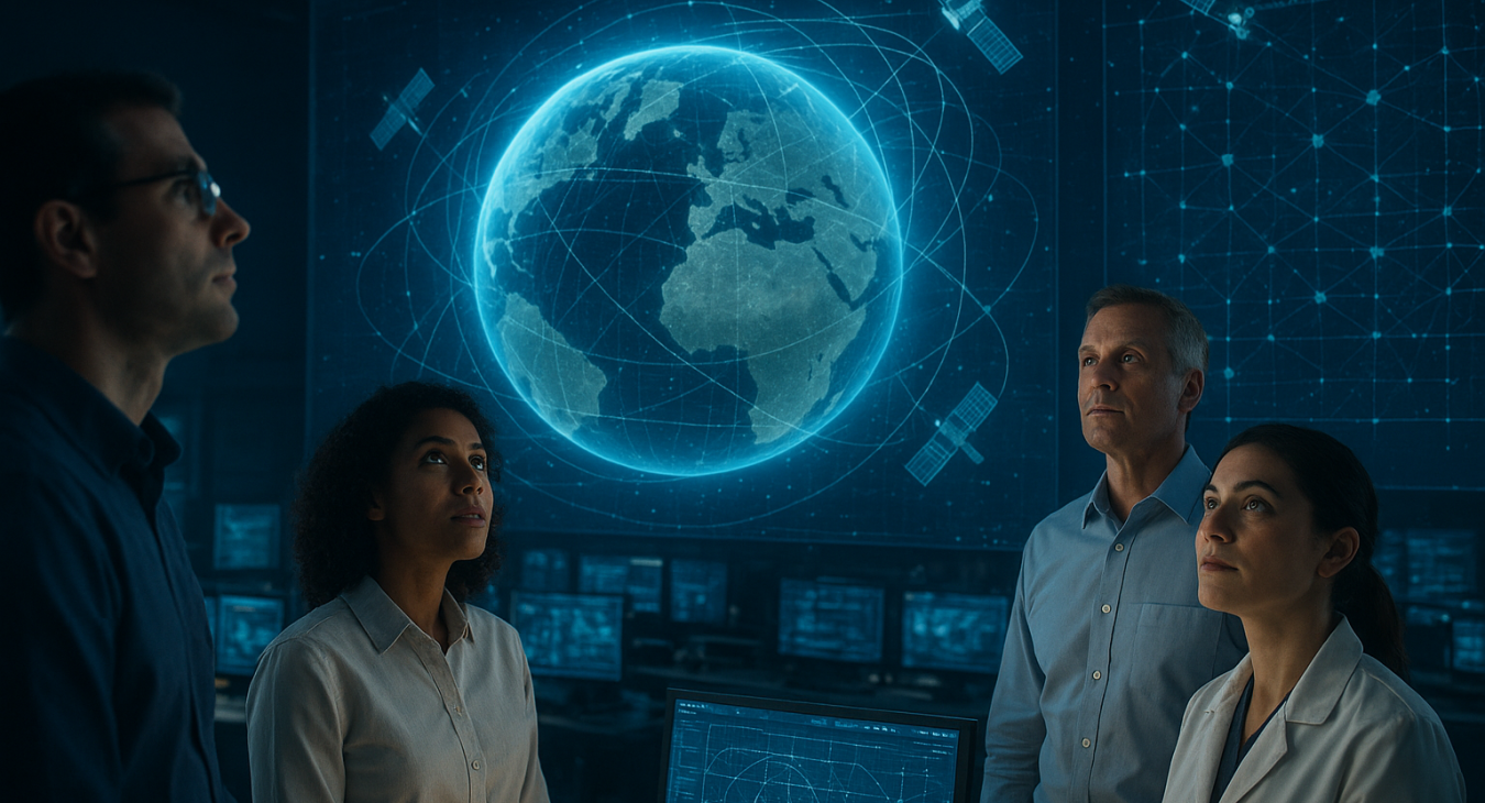 A diverse team of male and female aerospace engineers working in a high-tech command center, observing large holographic displays of advanced orbital satellite sensor grids.