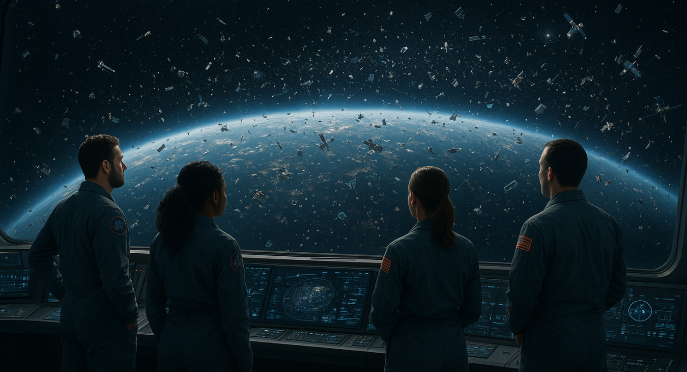 A diverse team of male and female space mission specialists standing in a high-tech command center, looking through large panoramic windows at a dense, glittering field of satellites in orbit.