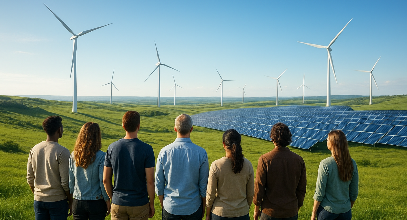 A diverse group of people standing on a lush green hillside, looking toward a horizon featuring advanced wind turbines and solar farms under a clear blue sky.