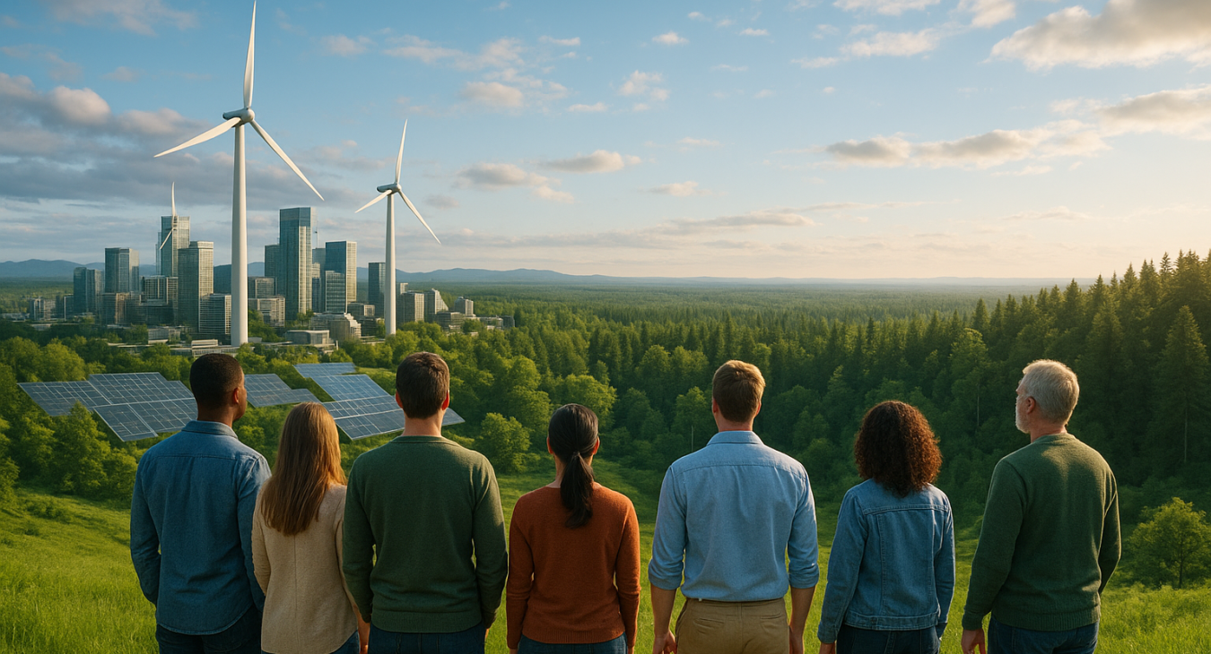 A photorealistic landscape of a diverse group of people standing on a lush green hill, overlooking a horizon where a modern sustainable city with wind turbines and solar panels blends into a pristine natural forest.