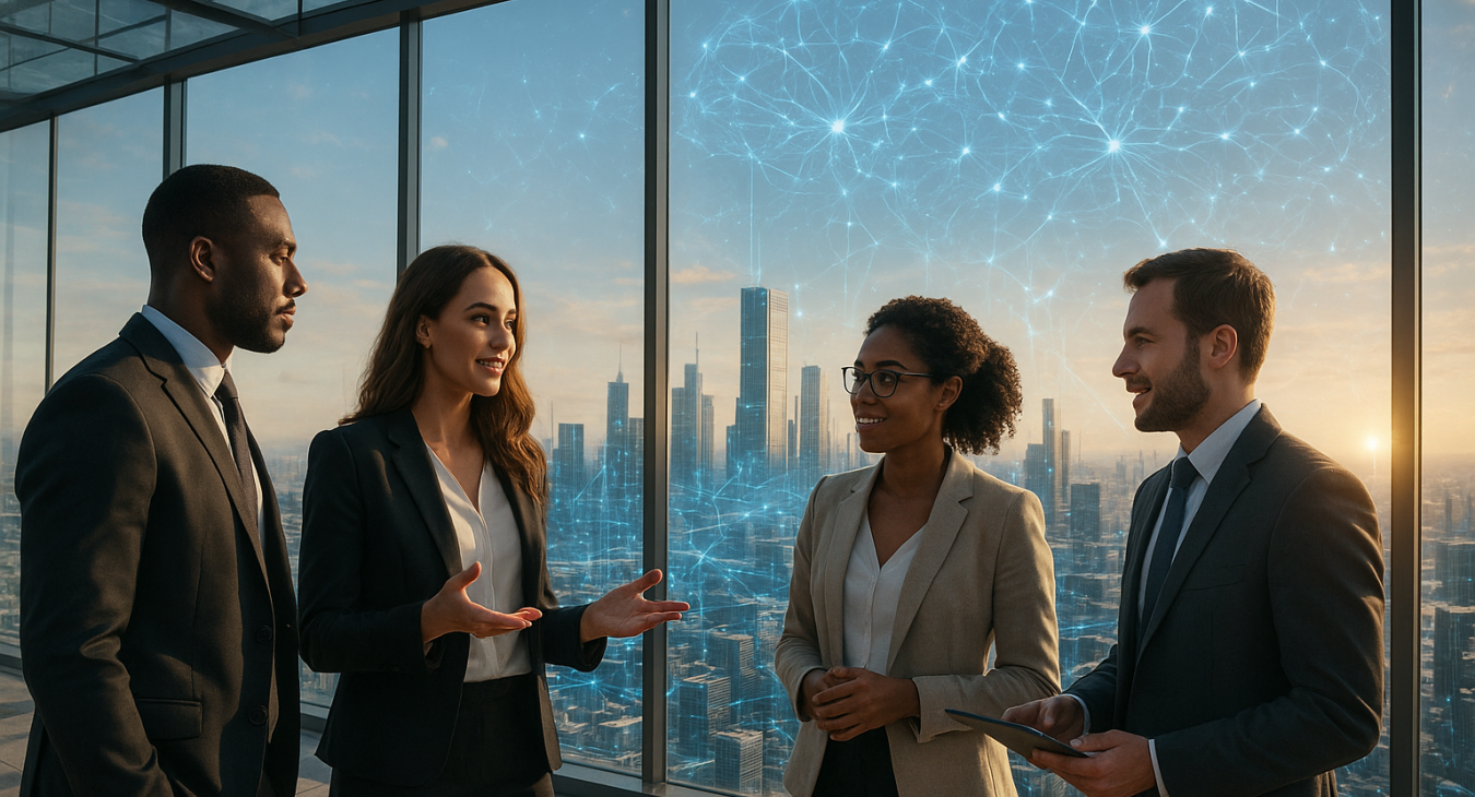 A diverse group of professional men and women engaging in collaborative discussion within a sunlit, futuristic glass atrium overlooking a sprawling digital cityscape integrated with holograms.