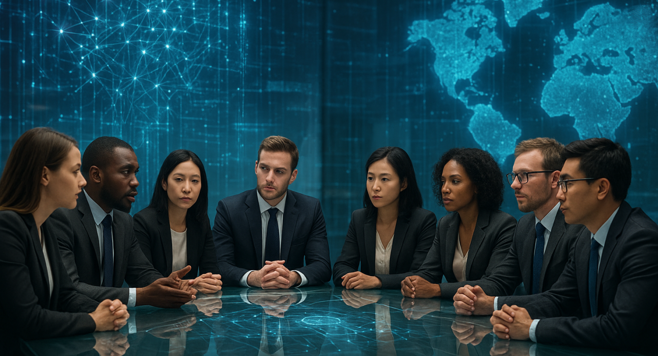 A wide landscape shot of a diverse group of professionals in business attire having a serious discussion around a futuristic glass conference table in a high-tech summit hall with glowing digital holograms.