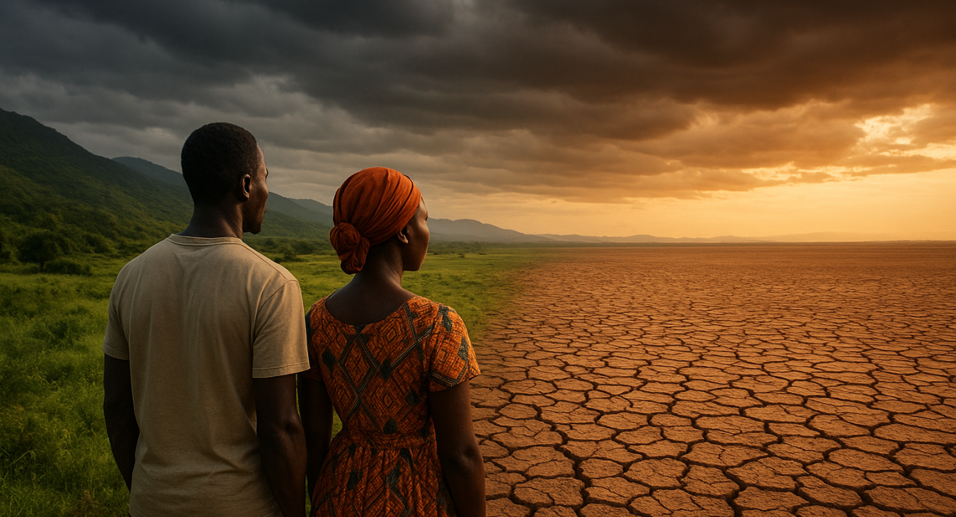 A photorealistic landscape split between a lush green valley and parched, cracked desert earth, with an African man and woman looking on, illustrating the impact of the climate crisis.