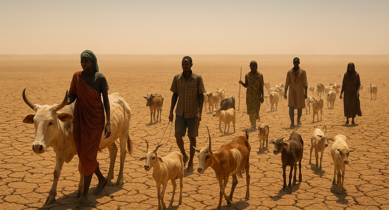 A diverse group of African pastoralists walking their livestock across a vast, cracked earth terrain under a shimmering heat haze, illustrating the impact of climate change.