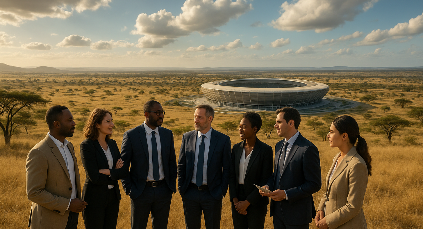 A wide-angle shot of a diverse group of male and female sports diplomats standing on a sun-drenched savanna, overlooking a modern stadium under a vast African sky.