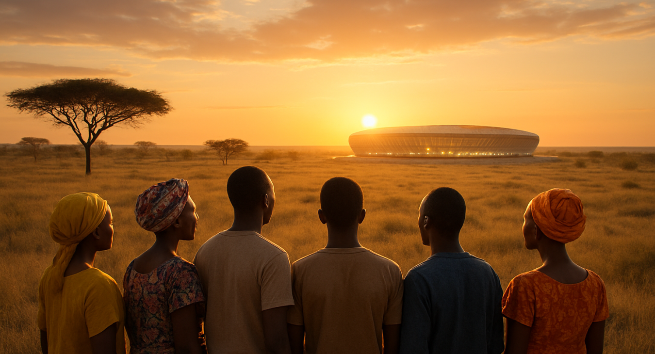 A diverse group of African men and women standing in a vast Sahelian savanna at sunset, looking toward a modern football stadium on the horizon.