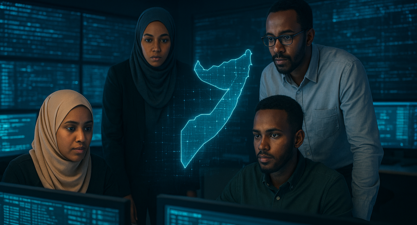 A diverse group of Somali men and women working in a modern command center, focused on glowing digital screens displaying encrypted data and holographic maps of Somalia under cinematic lighting.