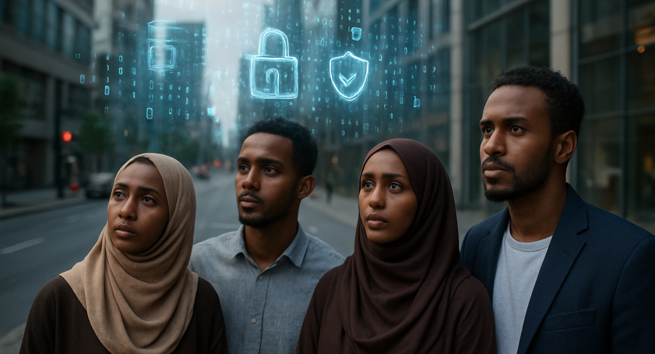 A photorealistic landscape of a diverse group of Somali men and women in a modern urban setting, gazing thoughtfully at glowing holographic digital symbols and encrypted data streams floating in the air.