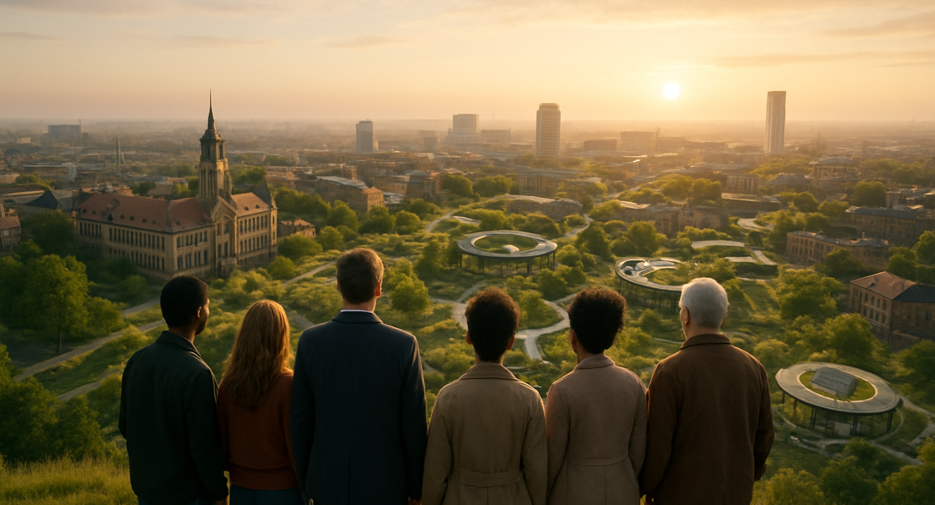 A diverse group of people standing on a hilltop overlooking a modern, sustainable city that blends historic architecture with green, interconnected urban hubs.