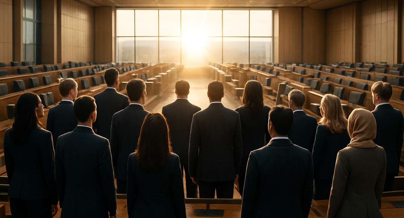 A wide landscape shot of a diverse group of men and women in professional attire standing in a modern, sunlit parliamentary hall, looking toward a bright horizon.