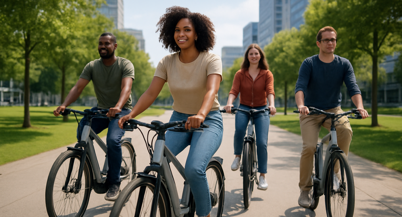 A diverse group of men and women riding sleek light electric vehicles through a modern urban park in bright natural daylight.