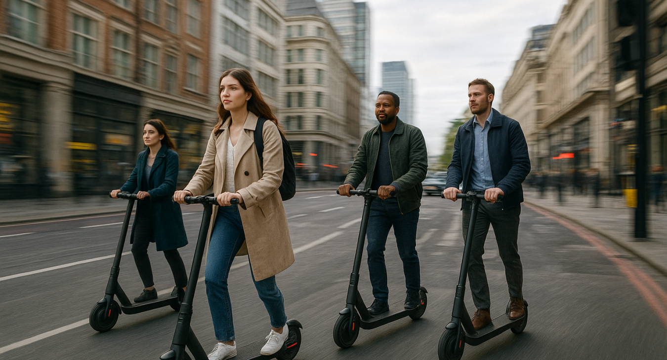 A diverse group of men and women commuting on electric scooters through a modern British city street, with motion blur capturing the dynamic urban movement.