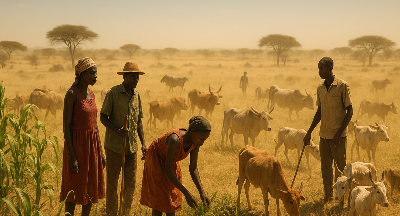 A wide-angle, photorealistic landscape of a sun-drenched sub-Saharan African savanna, where a diverse group of African men and women tend to livestock and crops under a shimmering, intense heat haze, illustrating the impact of rising temperatures.