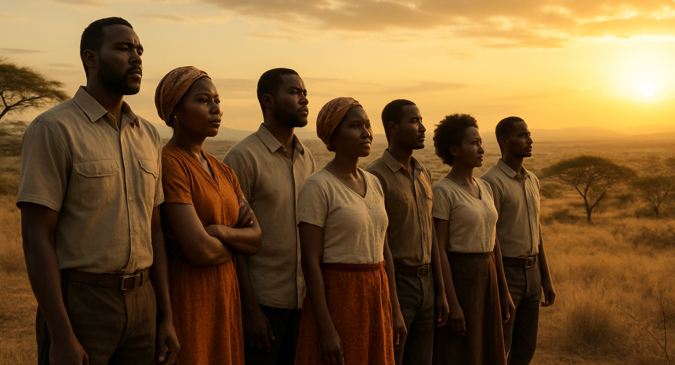 A photorealistic landscape of a diverse group of African men and women standing together in a sun-drenched, semi-arid savanna, gazing toward the horizon with resilience during the golden hour.