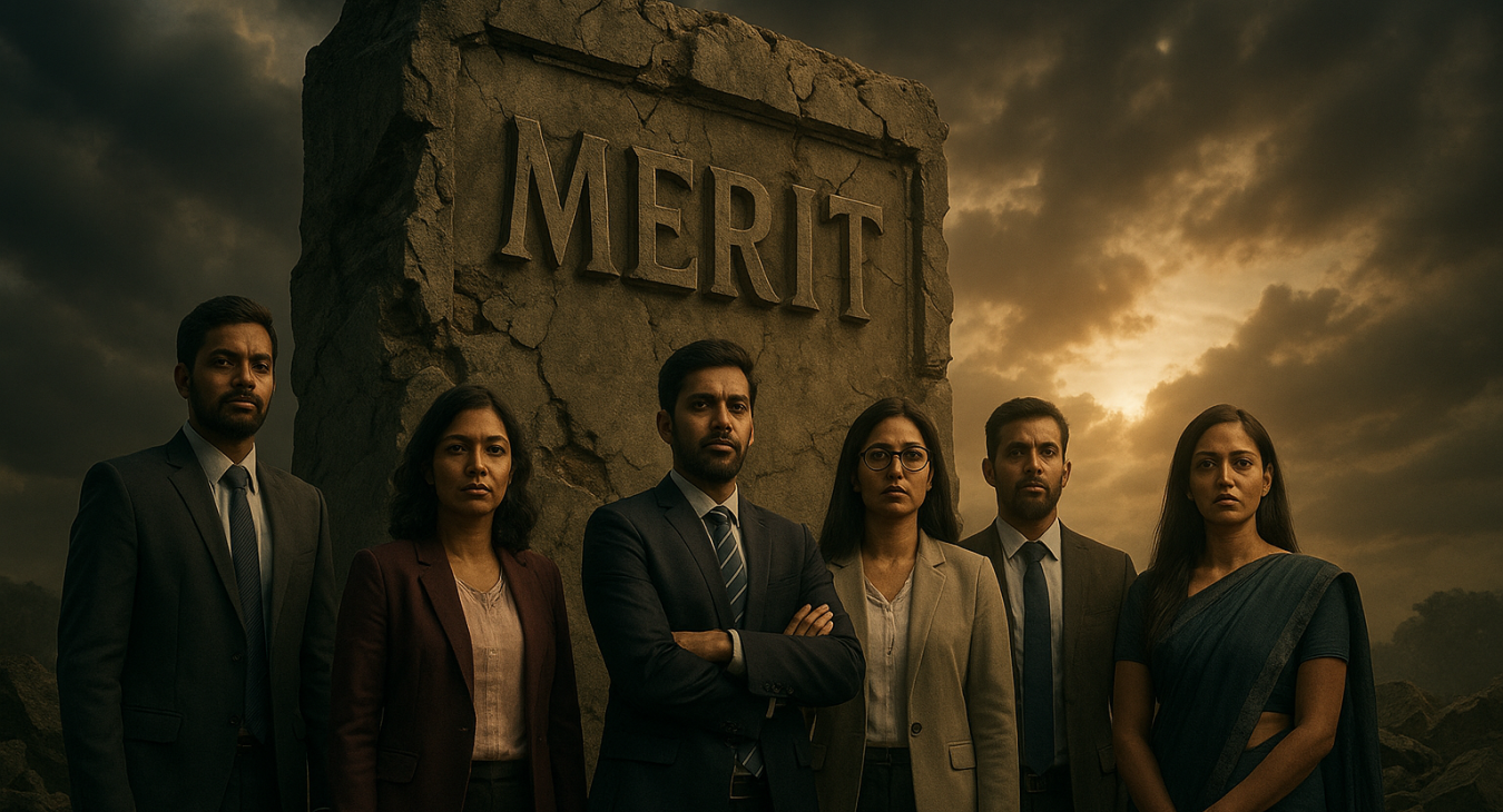 A high-quality photorealistic cinematic landscape of a diverse group of Indian men and women professionals standing among the crumbling, eroding stones of a monument inscribed with the word 'MERIT'.